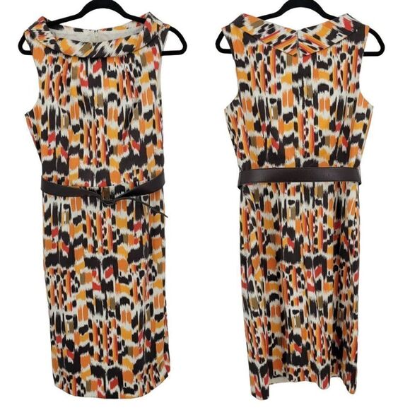 Vintage 90s Sleeveless Boatneck Sheath Dress 10 Orange Brown Abstract Mod USA - Picture 1 of 13